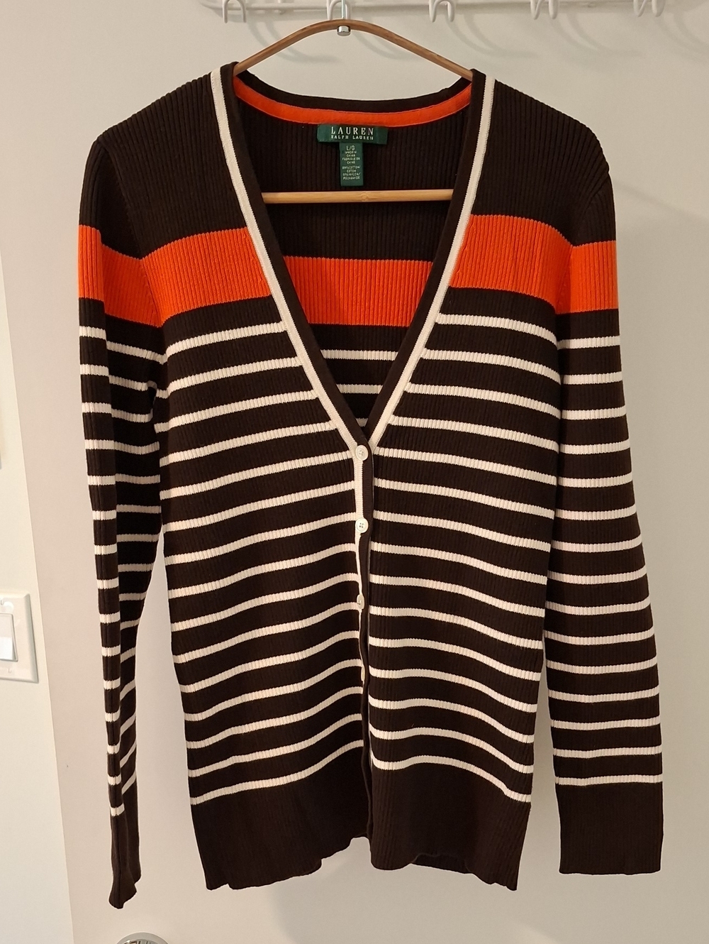 Lauren Ralph Lauren Chocolate Brown, Orange & Cream Striped Ribbed Cardigan (L)